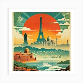 A Vintage Travel Poster Features A Collage Of Major Historical Landmarks From Different Continents (5) Art Print