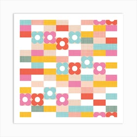 Retro Geo Summer Playful 70s mini floral and Checks in Rainbow Pastels Pattern Art Print