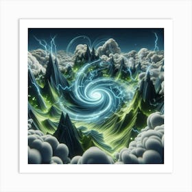 3 Dimensional Mountains With Multiple Green Lightning And White Swirls In A Vortex Of Clouds 3 Art Print