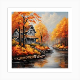 Autumn House By The River Art Print