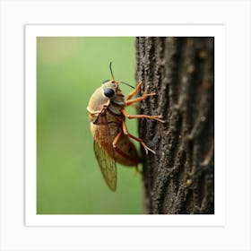 A Delicate Cicada Resting On A Tree Trunk 2 Art Print