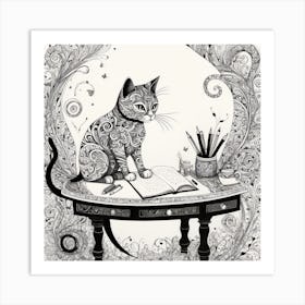 Cat At The Desk 3 Art Print