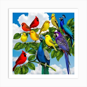 Colorful Birds On A Branch Art Print