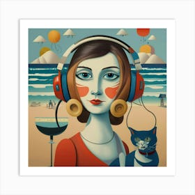 Girl With Headphones And A Cat 4 Art Print