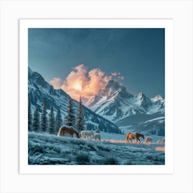 Horses In The Mountain Covered With Snow Art Print