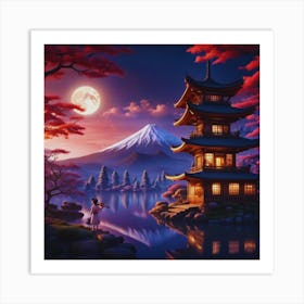 Moonlight and Mt Fuji With Asian Pagoda Art Print