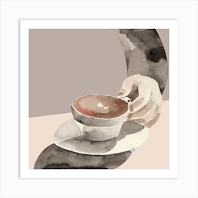 Cup Of Coffee Watercolor Artwork Beige Hand Painted Cafe Kitchen Square Art Print