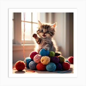 Kitten Playing With Yarn Art Print