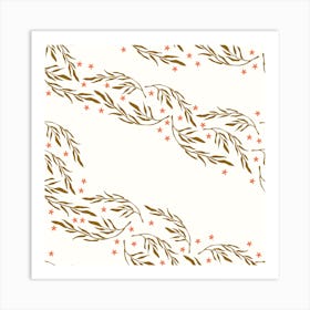 Golden Florals Pattern On White With Coral Flowers Square Art Print