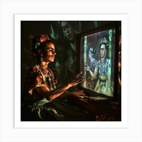 Digital Frida Series. Frida Kahlo at Her Computer at Night Art Print