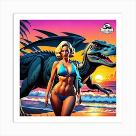 Woman In A Bikini Next To A Dragon Art Print