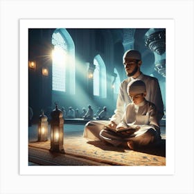 Muslim Boy Reading A Book In Mosqueلمشاعر الروحانية في رمضان Art Print