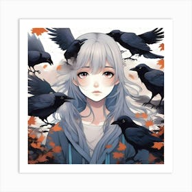 Anime Girl and Crows Art Print