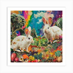 Rabbits Munching On Vegetables In The Field Kitsch Collage 2 Art Print