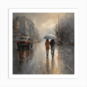 Two People Walking In The Rain Art Print