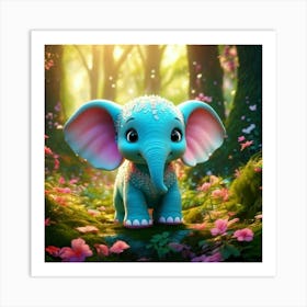 Firefly 3d, Animated, Cute, Little, Round, Turquoise, Elephant, Baby, Forest, Pink Flowers, Whimsica (5) Art Print