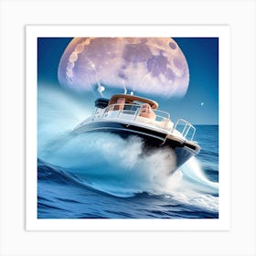 Speed Boat In The Moonlight Art Print