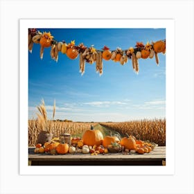 Autumnal Harvest Scene Capturing A Gourd Squash And Pumpkin Amongst A Field Of Corn Under A Cornfl Art Print