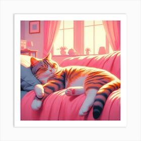 Cat Sleeping On Bed Art Print