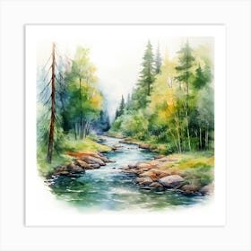 Watercolor Of A River In The Forest Art Print