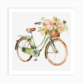 Green Bicycle With Flowers 1 Art Print