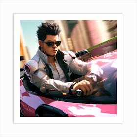 Man Driving A Pink Car Art Print