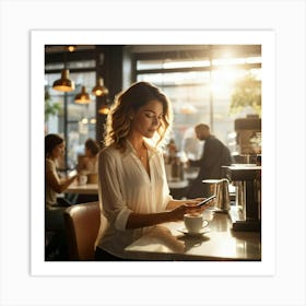 Modern Woman Engages With A Sleek Smartphone At A Bustling Coffee Shop Surrounded By The Hazy Glow (4) Art Print