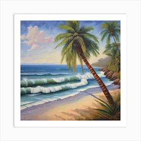 Palm Trees On The Beach, A Tranquil Beach Scene With Palm Trees And Gentle Waves art print Art Print