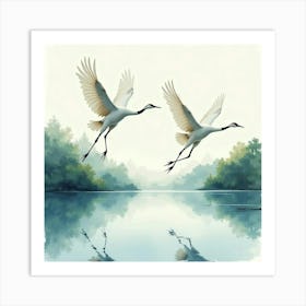 Graceful Cranes Taking Flight Over A Tranquil Lake, Captured In Flowing Watercolor 1 Art Print