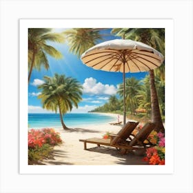 Beach Chairs And Umbrella 1 Art Print