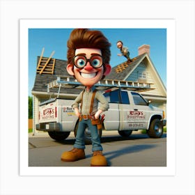 Cartoon Man Standing In Front Of A House Art Print