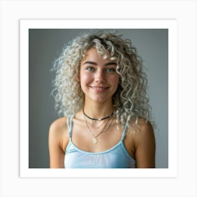 Photorealistic Portrait Of A Smiling Young Woman With Blue Eyes And Vibrant Blue Hued Curly Hair Dr Art Print