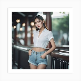 beautiful Asian Girl In Denim Shorts 1 Art Print