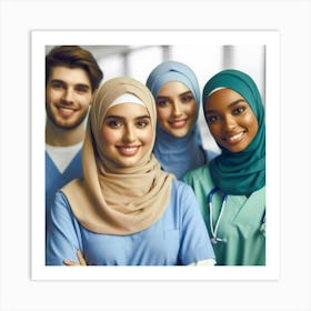 A group of four diverse young healthcare professionals, including a man and three women, all wearing blue scrubs and smiling at the camera. The woman in the center is wearing a hijab, the woman to her left is wearing a blue headscarf, and the woman to her right is wearing a green hijab. The man is standing to the left of the group, with his arm crossed. Art Print
