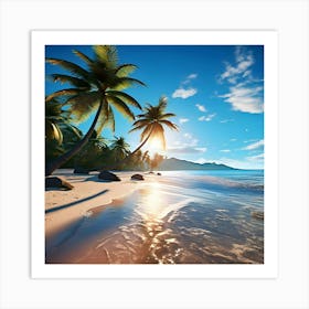 A Serene Beach Scene With Palm Trees Swaying In The Breeze Art Print