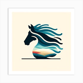 Title: "Zephyr's Grace: The Abstract Equine Essence"  Description: "Zephyr's Grace" is a striking piece that captures the essence of a horse as a force of nature, portrayed through abstract shapes and flowing lines that evoke the movement of the wind. The mane of the horse is stylized in waves of azure and teal, suggesting a cool breeze over a sunlit landscape depicted in warm, sandy tones with hints of a gentle sky. The composition is a blend of motion and stillness, a graphical celebration of the horse's wild spirit and the calm of the countryside it gallops through. This artwork is a testament to the timeless beauty of equine elegance, reimagined through the lens of modern design, making it an ideal statement piece for contemporary spaces that appreciate a fusion of natural beauty with artistic abstraction. Art Print