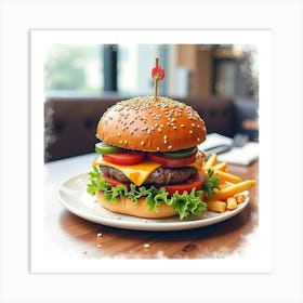 Watercolor Art Of A Gourmet Burger With Fries On A Sleek Restaurant Table Art Print