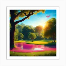 "Flamingo's Paradise: A Majestic Encounter with Sunlit Birds" Art Print
