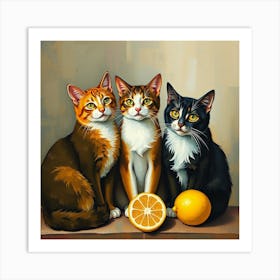 Three Cats With Oranges Art Print