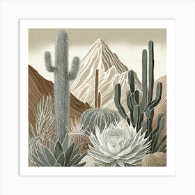 Firefly Modern Abstract Beautiful Lush Cactus And Succulent Garden In Neutral Muted Colors Of Tan, G (9) Art Print