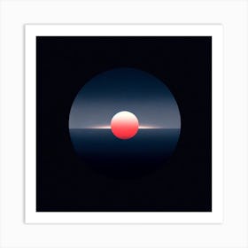 Title: "Eclipse at Sea: A Study in Contrast"  Description: "Eclipse at Sea" presents a minimalist yet profound vision of a sun dipping into the ocean's embrace. The stark contrast between the dark horizon and the vibrant red of the sun creates a captivating focal point, reminiscent of an eclipse where light and shadow play on nature's vast canvas. The composition is framed within a circular vignette, focusing the viewer's attention on the simplicity and beauty of this daily celestial event. This piece exemplifies the serene moment of sunset, where day and night meet in a quiet spectacle of color and light, making it a perfect complement to spaces that appreciate the art of subtlety and the magnificence of nature's rhythms. Art Print