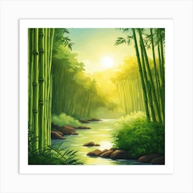 A Stream In A Bamboo Forest At Sun Rise Square Composition 15 Art Print