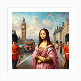 Mona Lisa Travels to London to See the Eye and Big Ben with British Guards Art Print