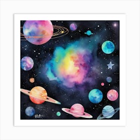 Hello Universe Space Neon Watercolor 12 Art Print 3 Art Print