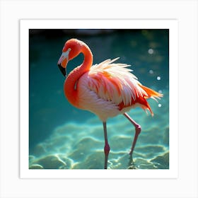 A Dreamy Flamingo With Glittering Feathers, Standing In A Sparkling Crystal Clear Lagoon Art Print