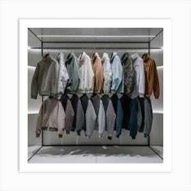 A rack of men's jackets and hoodies on a rack Art Print