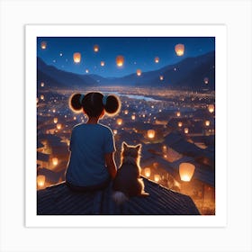 Little girl and her little dog looking at the night sky Art Print