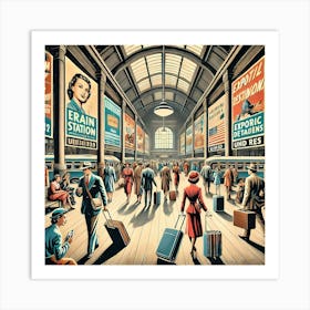 1950s Bustling Train Station With Travellers Art Print