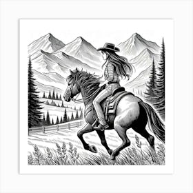 Line Art girl rider on a horse Art Print