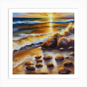 The sea. Beach waves. Beach sand and rocks. Sunset over the sea. Oil on canvas artwork.25 Art Print